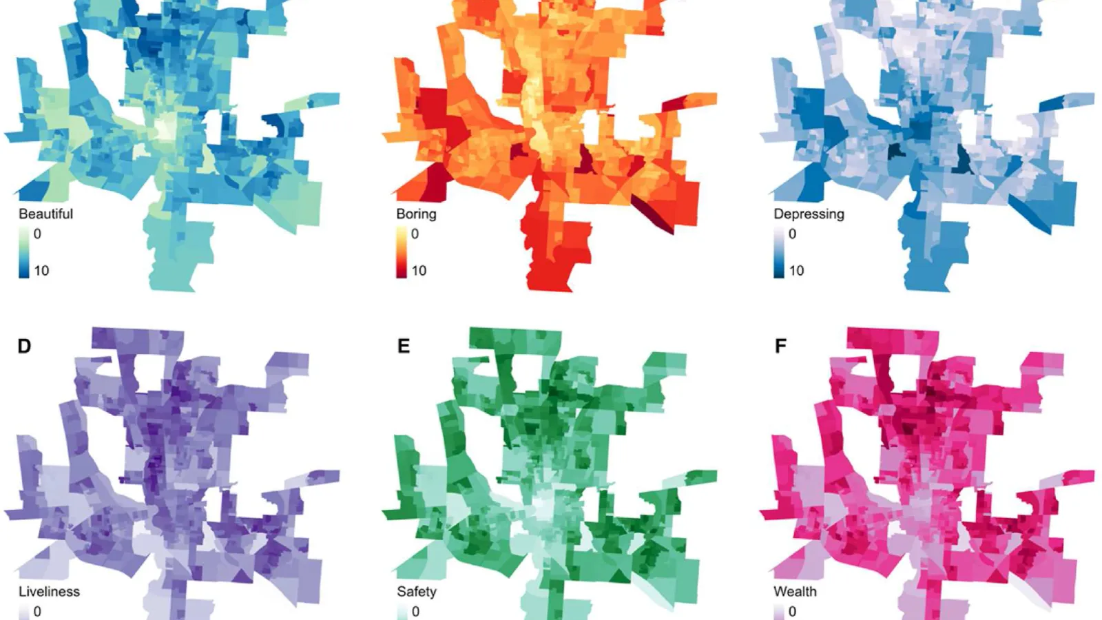 Spatial distribution of six perceptual indicators derived from Google Streetview images. Scores are standardized into 0–10 range, with larger numbers corresponding to higher correspondence with the indicator.