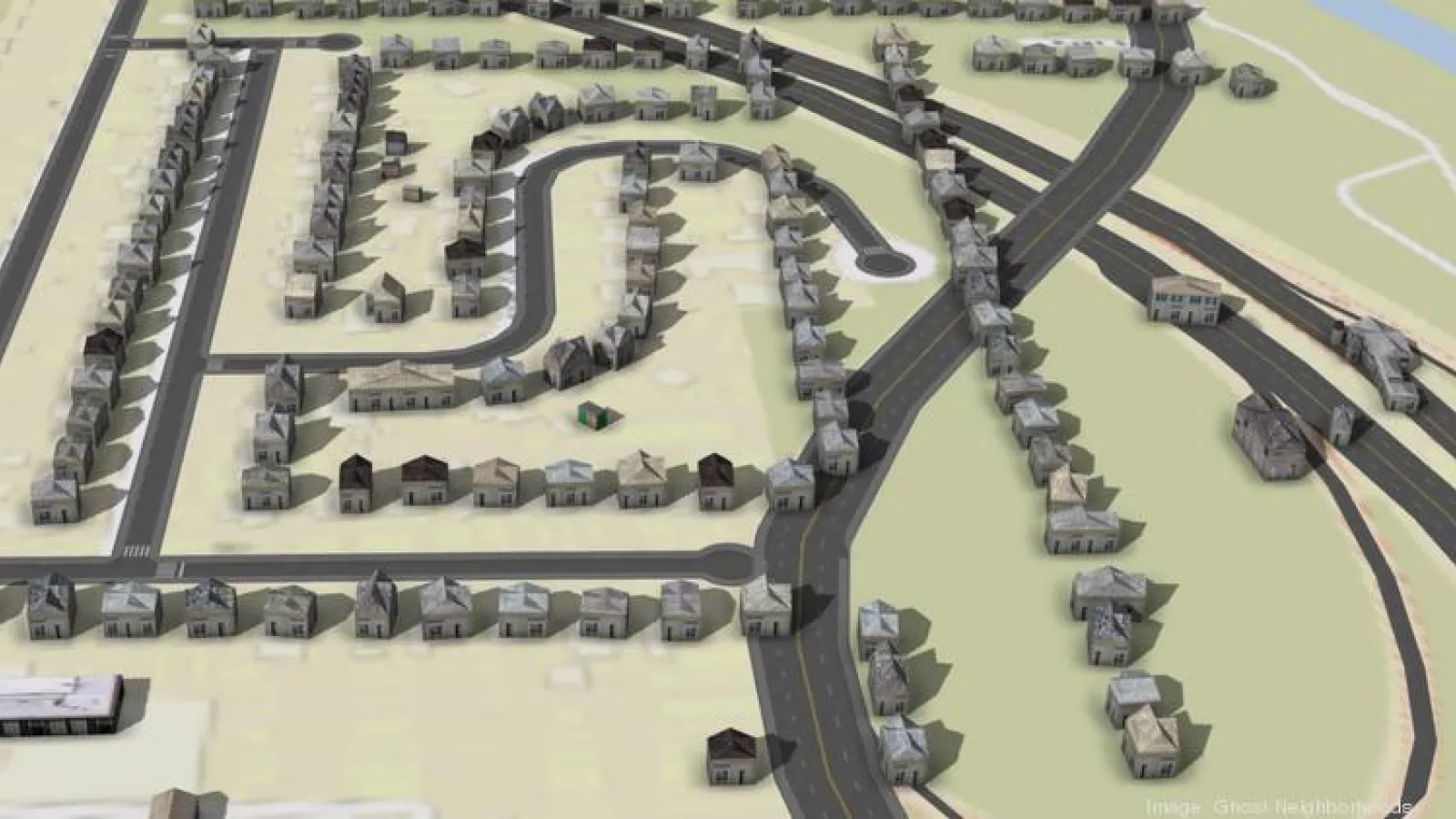 Areal view of Hanford Village before freeway construction 