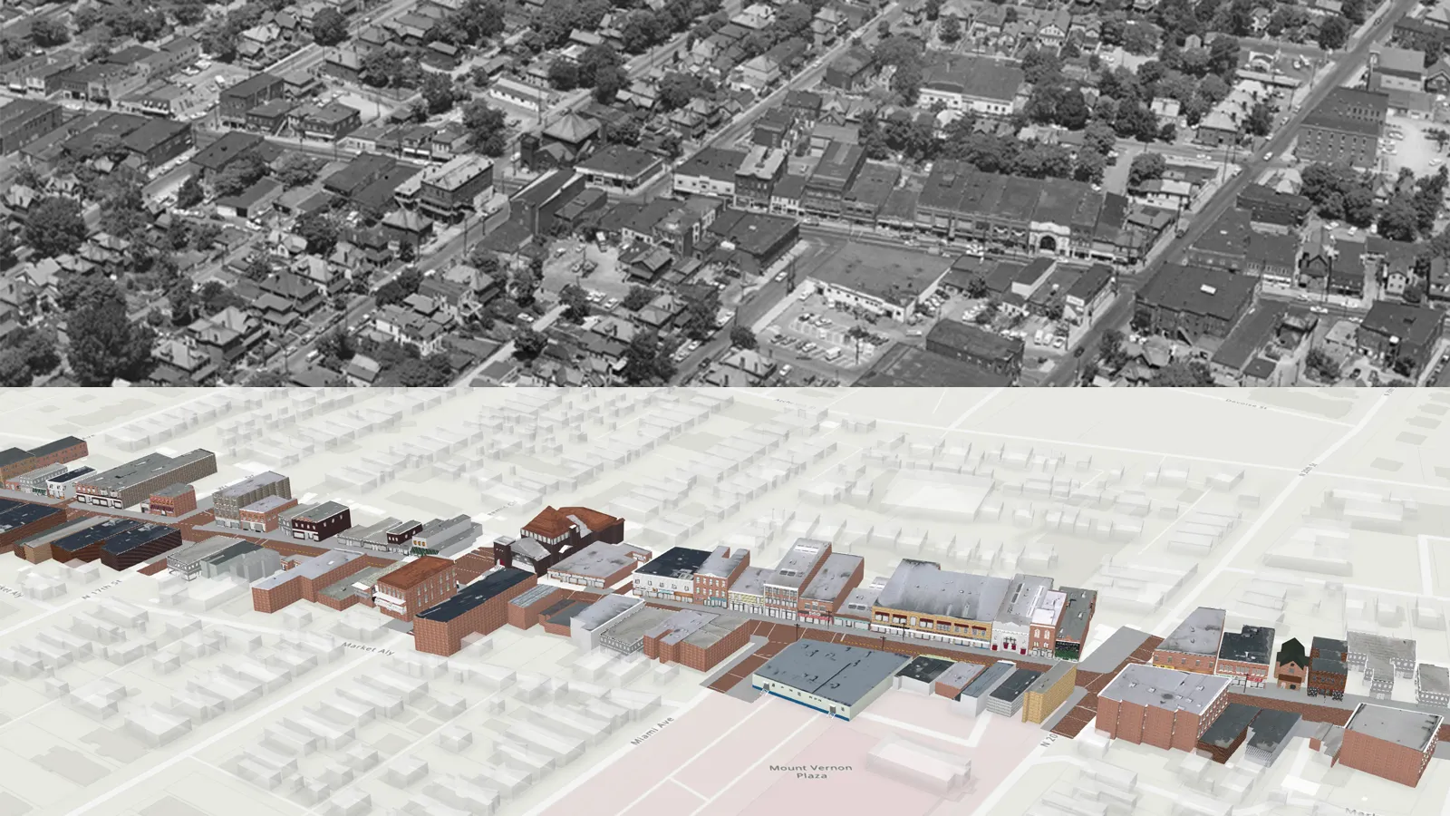 Aerial comparison of photo and Ghost Neighborhoods model